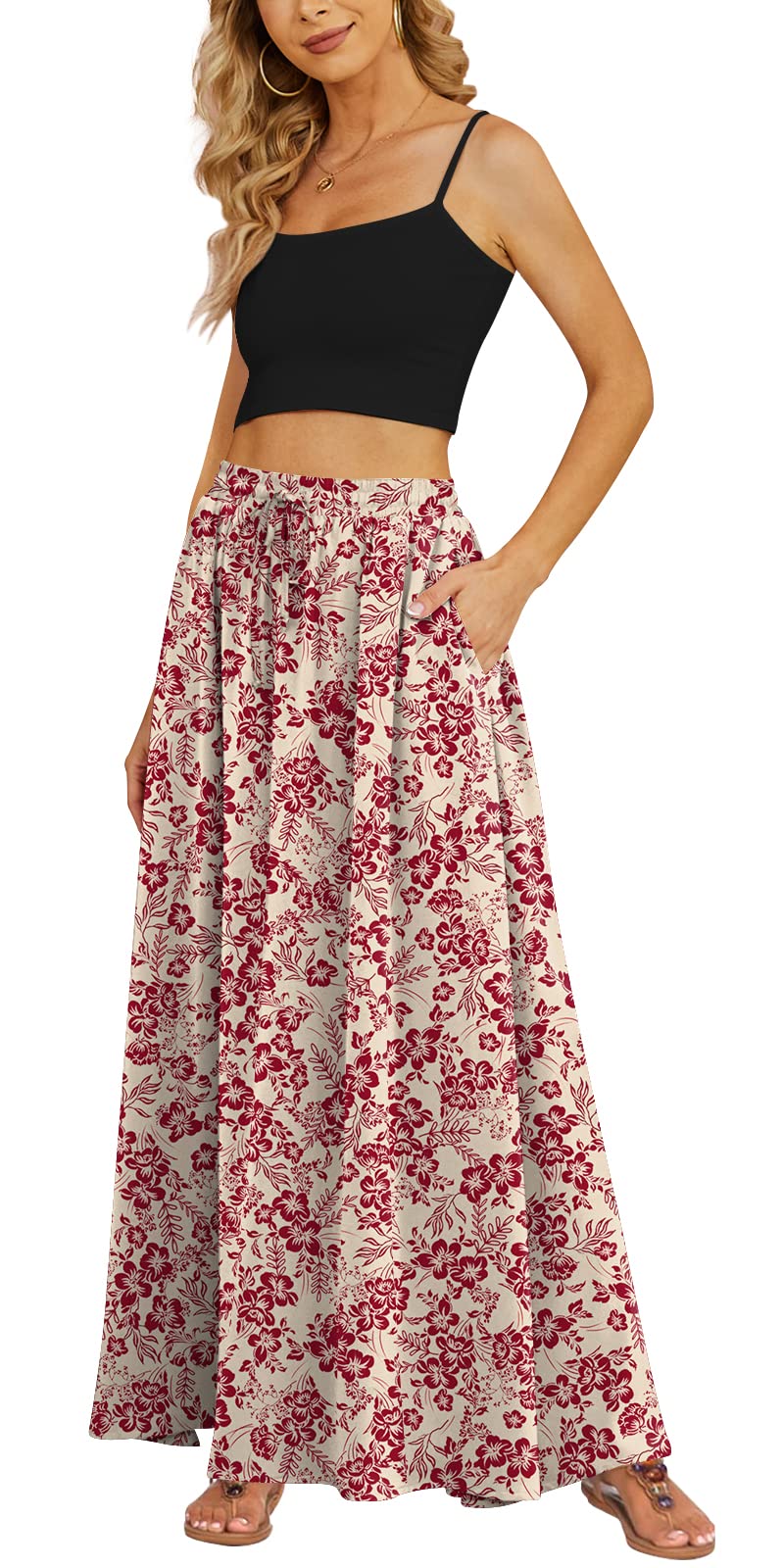 Yincro Women Flowy Maxi Skirt Summer Pleated High Waisted Casual Long Skirts with Pockets (Red Flower Beige, M) - Image 5