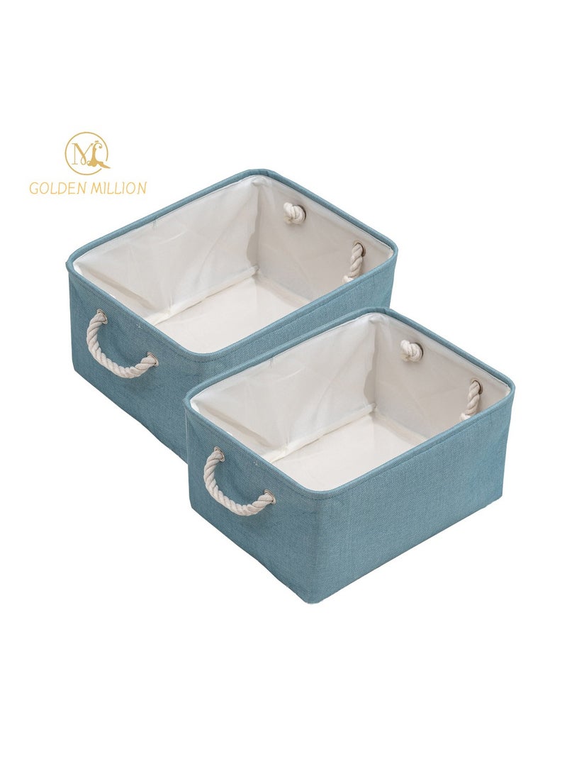 GOLDEN MILLION 2 PCS Storage Baskets for Shelves Flax Fabric Bins with Rope Handles Foldable Cube Rectangle Closet Organizer - Image 1