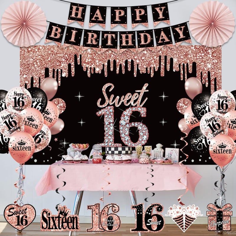 Uiorgui 16th Birthday Decorations for Girls, 33pcs Sweet 16 Crown and Sash, Black Rose Gold Happy 16th Birthday Banner Balloons Backdrop Hanging Swirls Paper Fans, Sixteen Party Decorations Kit - Image 5