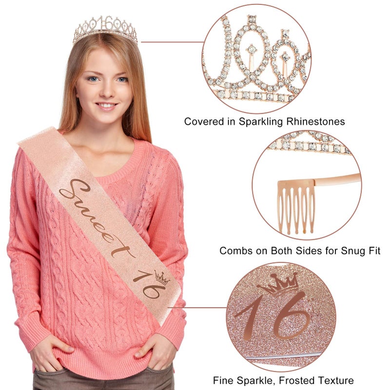 Uiorgui 16th Birthday Decorations for Girls, 33pcs Sweet 16 Crown and Sash, Black Rose Gold Happy 16th Birthday Banner Balloons Backdrop Hanging Swirls Paper Fans, Sixteen Party Decorations Kit - Image 4