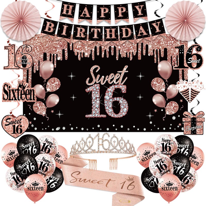 Uiorgui 16th Birthday Decorations for Girls, 33pcs Sweet 16 Crown and Sash, Black Rose Gold Happy 16th Birthday Banner Balloons Backdrop Hanging Swirls Paper Fans, Sixteen Party Decorations Kit - Image 1