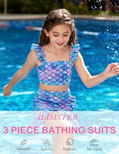 ALISISTER Girls Swimsuit Size 7-8 Mermaid Bathing Suits 3 Piece Little Fish Scales Animal Bikini Sets with Cover Up Skirt Summer Beach Swimwear 7 Year Old - Image 5