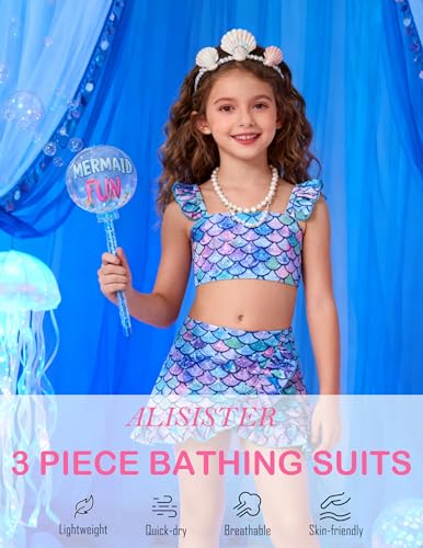 ALISISTER Girls Swimsuit Size 7-8 Mermaid Bathing Suits 3 Piece Little Fish Scales Animal Bikini Sets with Cover Up Skirt Summer Beach Swimwear 7 Year Old - Image 4