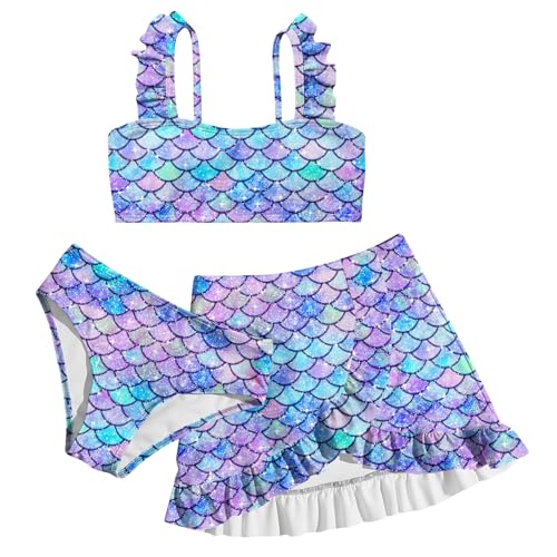 ALISISTER Girls Swimsuit Size 7-8 Mermaid Bathing Suits 3 Piece Little Fish Scales Animal Bikini Sets with Cover Up Skirt Summer Beach Swimwear 7 Year Old - Image 1