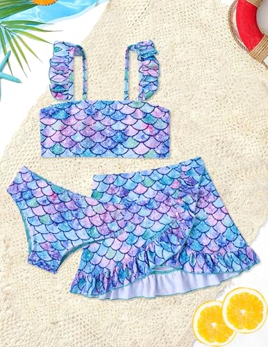 ALISISTER Girls Swimsuit Size 7-8 Mermaid Bathing Suits 3 Piece Little Fish Scales Animal Bikini Sets with Cover Up Skirt Summer Beach Swimwear 7 Year Old - Image 2