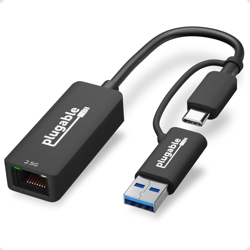 Plugable 2.5G USB-C and USB to Ethernet Adapter â€“ Dual-Connector 2-in-1 USB-C to RJ45 2.5Gbps LAN, Compatible with Thunderbolt 5 & 4, USB4, USB 3.0, Windows, Mac, ChromeOS, iPhone 15 & 16 - Image 1