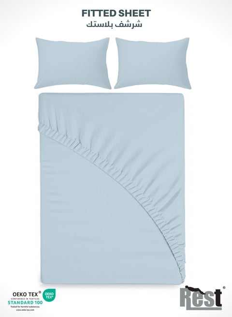 REST 3-Piece Sky Blue Plush 160x200+30cm Fitted Bedsheet Set Includes 1 Deep Pocket Fitted Bedsheet and 2 Pillow Covers, Breathable and Machine Washable