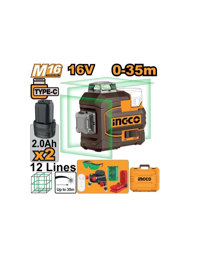 INGCO 16V Cordless 3D Green Laser Level | 360° Horizontal & 2x 360° Vertical Laser Lines | 35m Working Range | ±1.5mm Accuracy | Magnetic Rotating Stand & Rotary Base