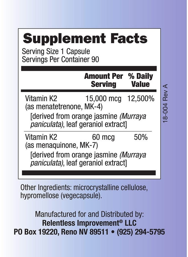 Relentless Improvement Vitamin K2 MK4 Plus MK7 Vegan Naturally-Derived Vege-Caps 90 Count - Image 3