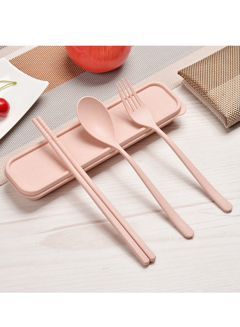 Wheat Straw Tableware Spoon Fork Chopsticks Three-piece Set Student Outdoor Travel Storage Lunch Box Portable Tableware Set Wholesale-Specifications:Three-piece Set [without Box] Powder - Image 1
