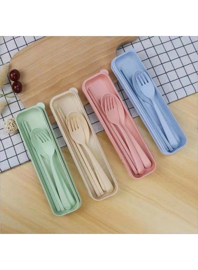 Wheat Straw Tableware Spoon Fork Chopsticks Three-piece Set Student Outdoor Travel Storage Lunch Box Portable Tableware Set Wholesale-Specifications:Three-piece Set [without Box] Powder - Image 3