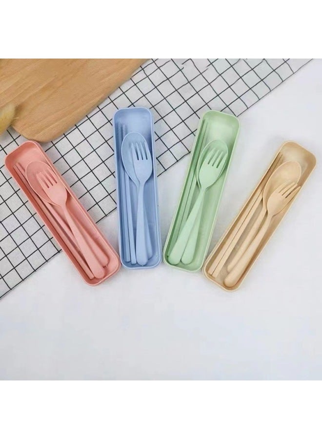 Wheat Straw Tableware Spoon Fork Chopsticks Three-piece Set Student Outdoor Travel Storage Lunch Box Portable Tableware Set Wholesale-Specifications:Three-piece Set [without Box] Powder - Image 2