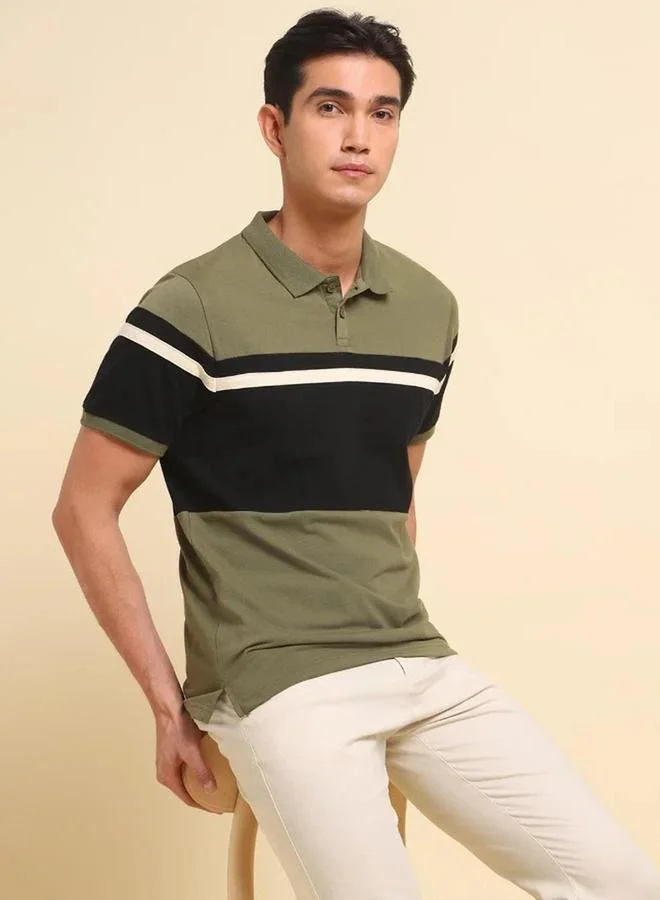 Dennis Lingo Men Olive Color Block Regular Fit Polo