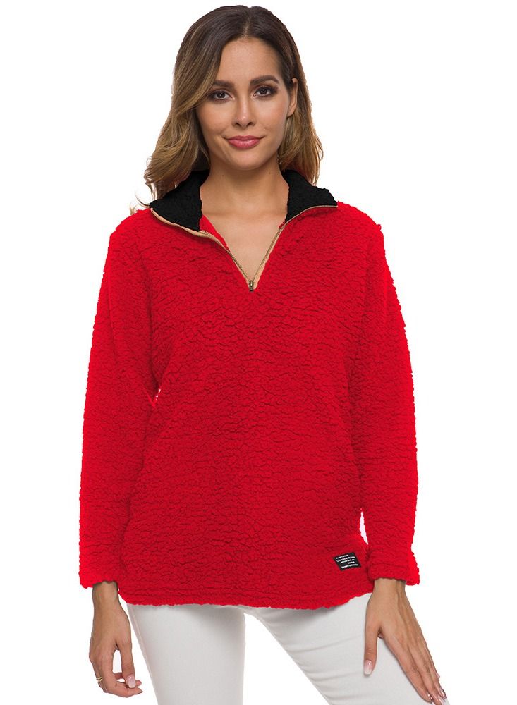 Loquat Long Sleeve Lamb Hair Zipper Pullover Red 