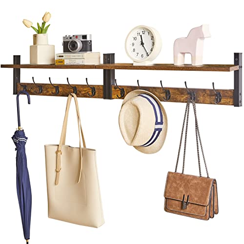 YMYNY Coat Rack Wall Mount with Shelf, 2 Pack 23.6" Coat Hooks Coat Hanger Wall Mount, Wall Hooks for Hanging, Hat Rack for Wall, Towel Hooks for Bathrooms, Rustic Brown UHWS004H-2 - Image 1
