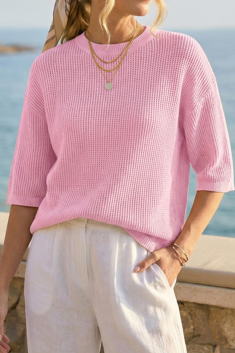 Arach&Cloz 2026 Women's Cotton Spring Summer Crochet Tops Crew Neck 3/4 Half Drop Short Sleeve Hollow Out Oversized Resort Wear Sweater Casual Vacation Outfits Fashion Trendy Shirts Light Pink S - Image 2
