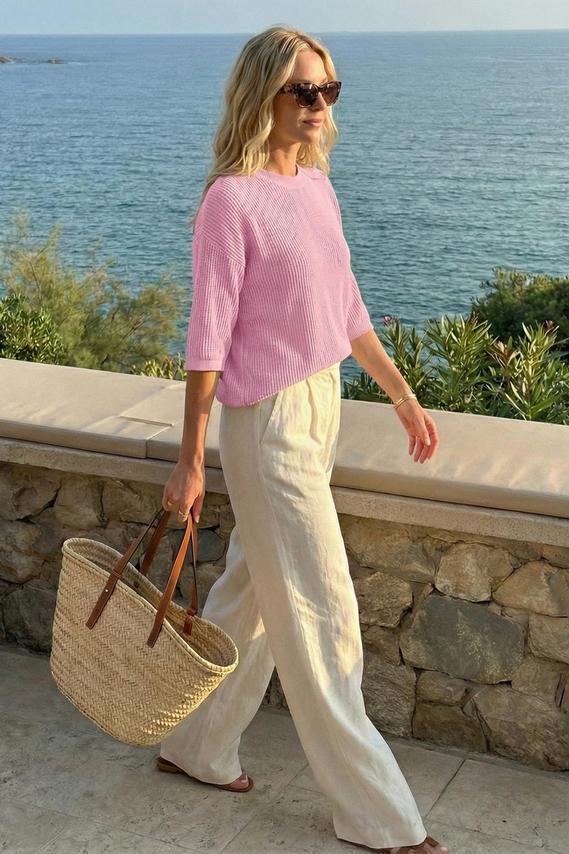 Arach&Cloz 2026 Women's Cotton Spring Summer Crochet Tops Crew Neck 3/4 Half Drop Short Sleeve Hollow Out Oversized Resort Wear Sweater Casual Vacation Outfits Fashion Trendy Shirts Light Pink S - Image 5
