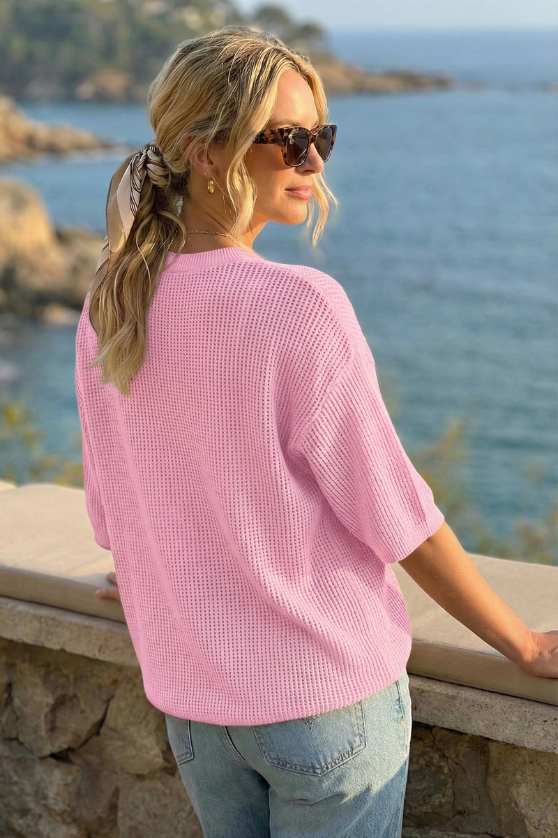 Arach&Cloz 2026 Women's Cotton Spring Summer Crochet Tops Crew Neck 3/4 Half Drop Short Sleeve Hollow Out Oversized Resort Wear Sweater Casual Vacation Outfits Fashion Trendy Shirts Light Pink S - Image 3