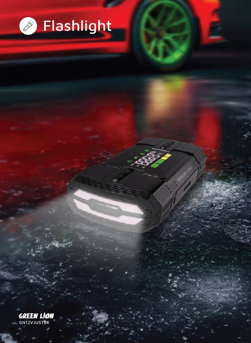 جرين ليون جهاز بدء تشغيل السيارة بقوة 12 فولت مع بطارية 12000 مللي أمبير/ساعة/ بنك طاقة | مصباح يدوي | ضاغط هواء | حماية أمان | 4 أوضاع نفخ | توافق واسع النطاق / مضخة هواء بخمسة إطارات / بدء تشغيل 20 مرة - أسود - Image 3