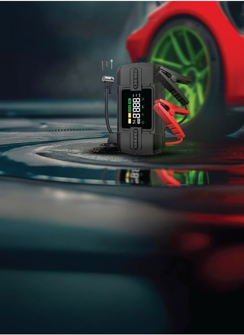 GREEN LION 12V Jump Starter 12000mAh / Power Bank | Flash Light | Air Compressor /Digital Display | Safety Protection | 4 Modes Inflation | Broad Compatibility / 5 Tires Air Pump / 20 Times Jump Start - Black  - Image 2