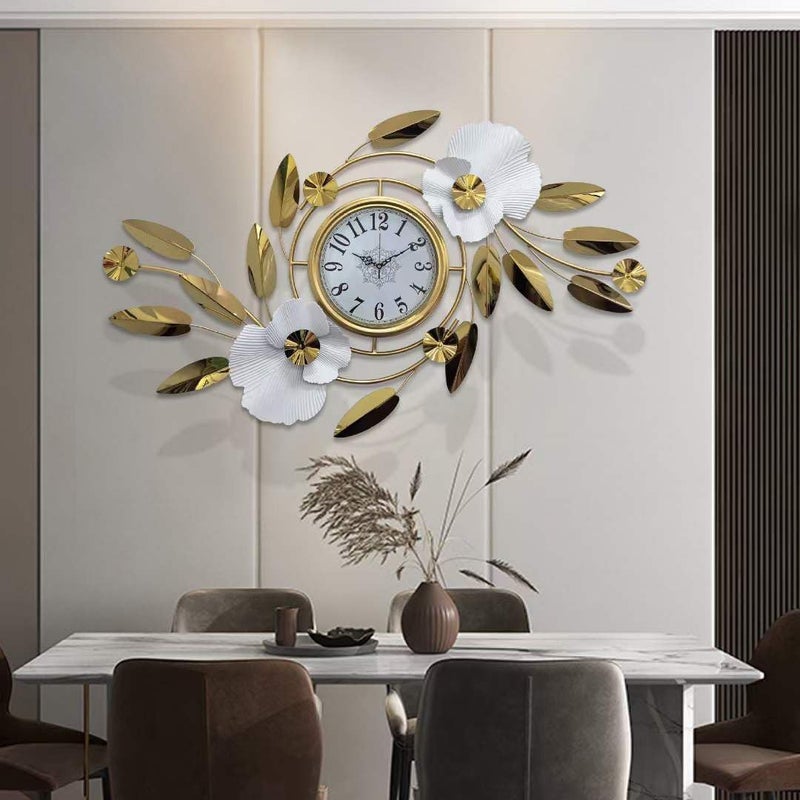 RGkJAS Elegant Gold Wall Clock with Floral Leaf Design Large Metal Decorative Timepiece for Living Room Office Kitchen Modern Vintage Wall Decor Quiet Movement Easy to Read - Image 1