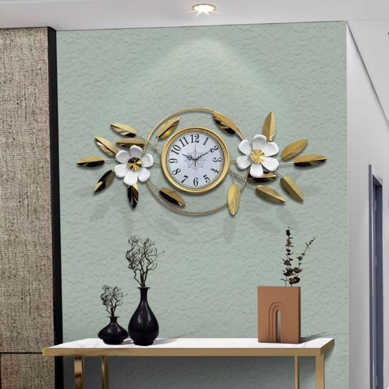 RGkJAS Elegant Gold Wall Clock with Floral Leaf Design Large Metal Decorative Timepiece for Living Room Office Kitchen Modern Vintage Wall Decor Quiet Movement Easy to Read - Image 2