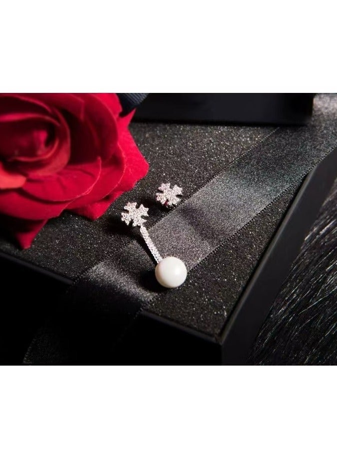 Ear Studs, Asymmetric Elegant Sliver Snowflake Pearl Drop Earrings, Stud Ear Rings, Gift for Women