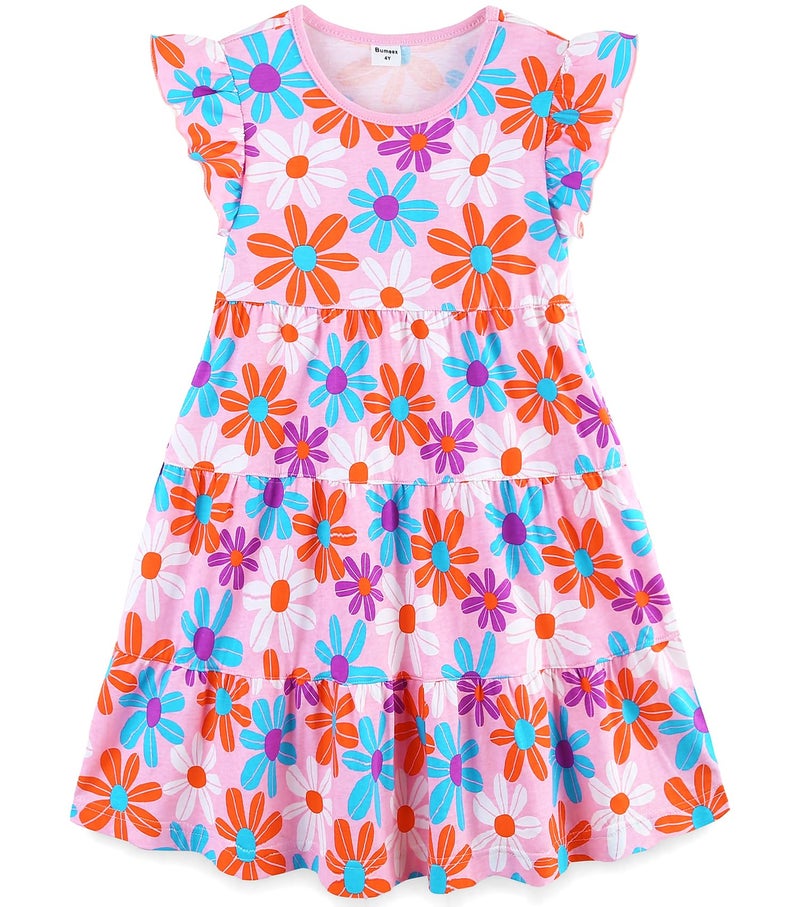 Bumeex Little Toddler Girl Dress Summer Spring Skater Cute Midi Cute Cotton Casual Ruffle Swing Twirly Clothes Jersey Dresses Sundress with Pockets Flower Size 6-7 Years - Image 1