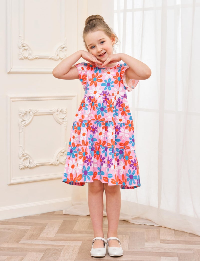 Bumeex Little Toddler Girl Dress Summer Spring Skater Cute Midi Cute Cotton Casual Ruffle Swing Twirly Clothes Jersey Dresses Sundress with Pockets Flower Size 6-7 Years - Image 3
