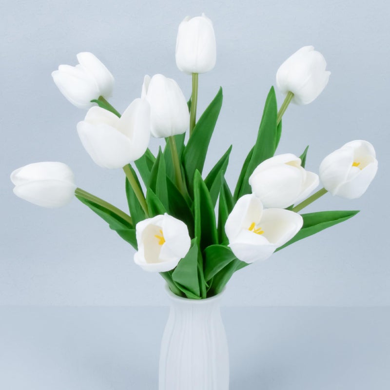 MAQIHAN 10 White Tulips Artificial Flowers - Real Touch Fake Tulips, Realistic Faux Plastic Flowers Bouquet for Home Dining Table Decoration - Image 1