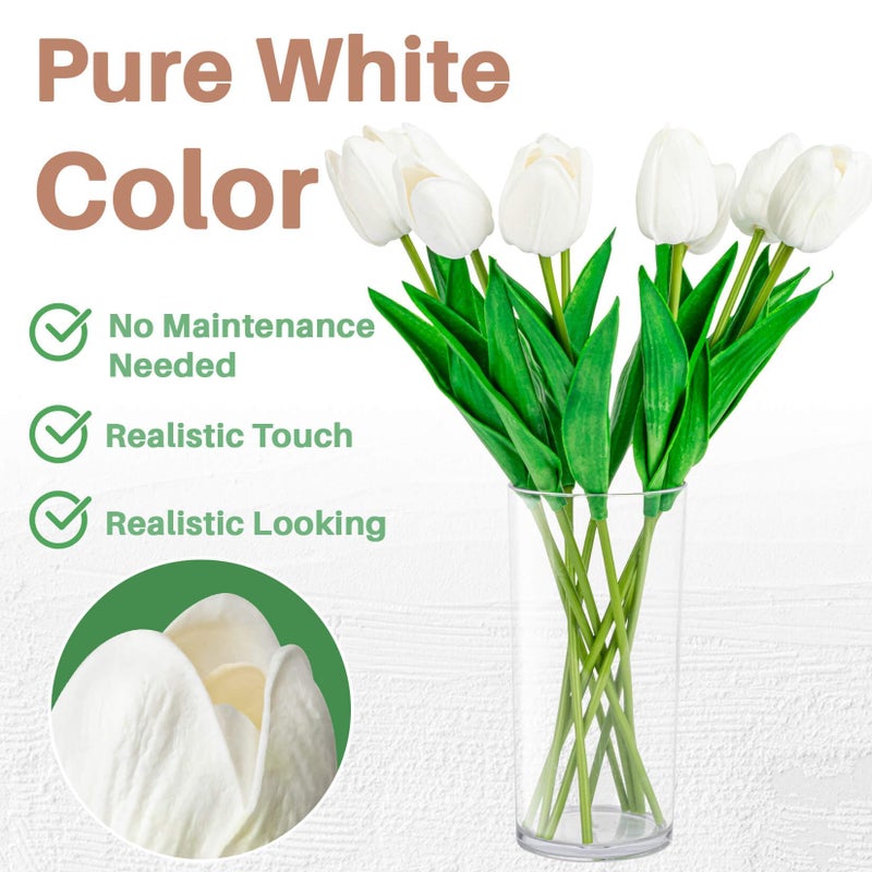 MAQIHAN 10 White Tulips Artificial Flowers - Real Touch Fake Tulips, Realistic Faux Plastic Flowers Bouquet for Home Dining Table Decoration - Image 3