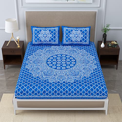 Colorish 120 TC Cotton Blend Mandala Printed Floral Jaipuri Bedsheet for Double Bed King Size with 2 Pillow Covers, Blue - Image 4