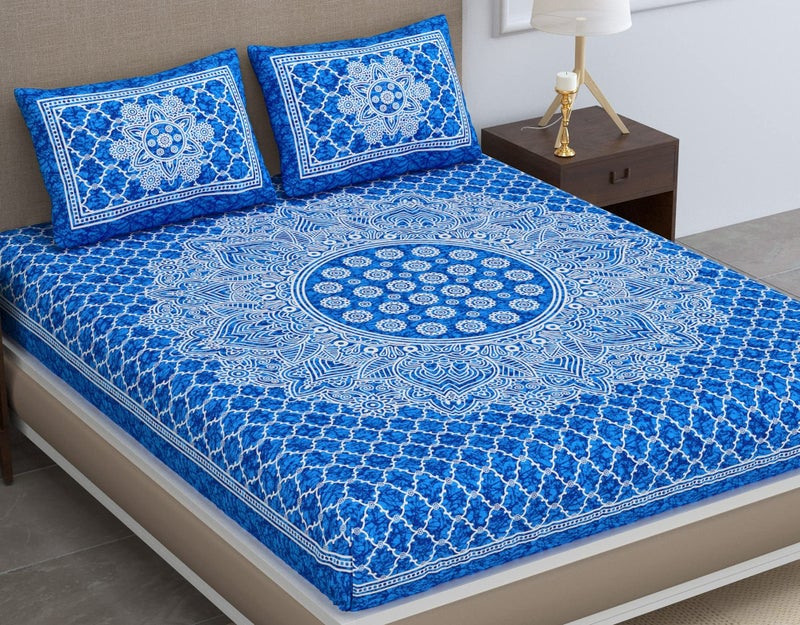 Colorish 120 TC Cotton Blend Mandala Printed Floral Jaipuri Bedsheet for Double Bed King Size with 2 Pillow Covers, Blue - Image 1