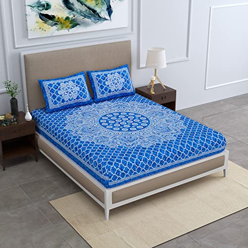 Colorish 120 TC Cotton Blend Mandala Printed Floral Jaipuri Bedsheet for Double Bed King Size with 2 Pillow Covers, Blue - Image 3