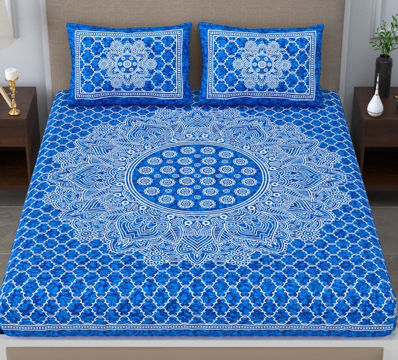 Colorish 120 TC Cotton Blend Mandala Printed Floral Jaipuri Bedsheet for Double Bed King Size with 2 Pillow Covers, Blue - Image 2
