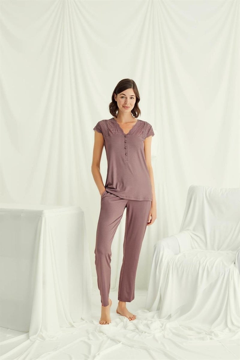 Monamise Women's Pajama Set with Lace Collar, Sleeves and Shoulders, Buttoned Front