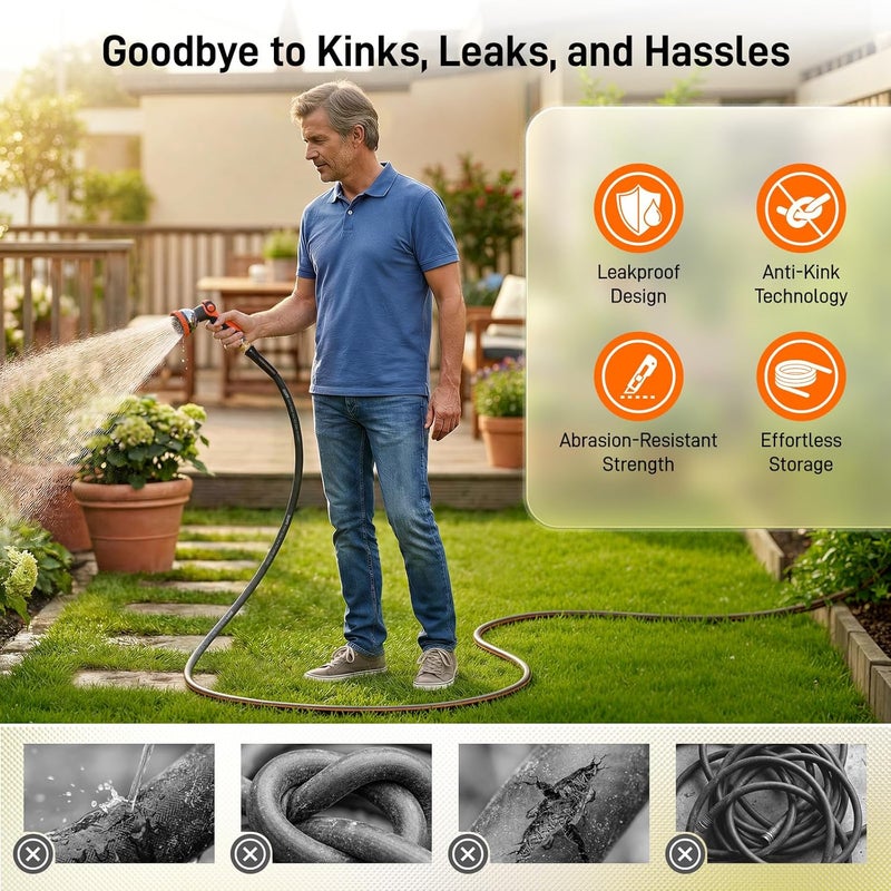 خرطوم حديقة، 100 قدم 5/8 بوصة خرطوم ماء مطاطي ثقيل مع فوهة رش 10 أوضاع، ضغط انفجار 550 PSI، موصلات دوارة مضادة للالتواء 360 درجة، مرن لجميع الأحوال الجوية، توصيلات نحاسية ذكر إلى أنثى 3/4 بوصة مانعة للتسرب - Image 4
