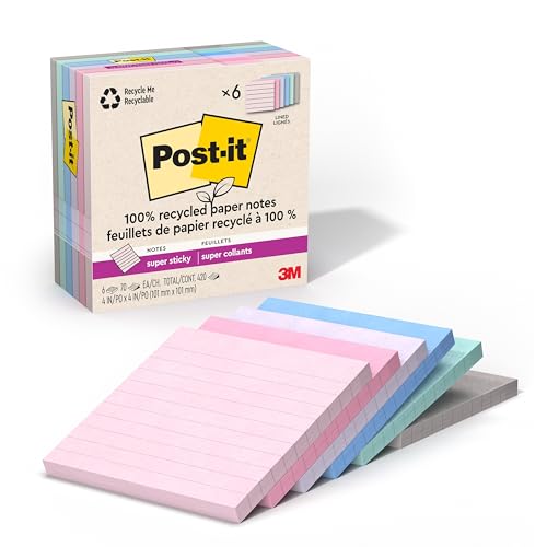 Post It Post-it 100% Recycled Paper Super Sticky Notes, Lined, 4 in. x 4 in., 6 Pads, 70 Sheets per Pad, Wanderlust Pastels, School Supplies and Office Products - Image 1