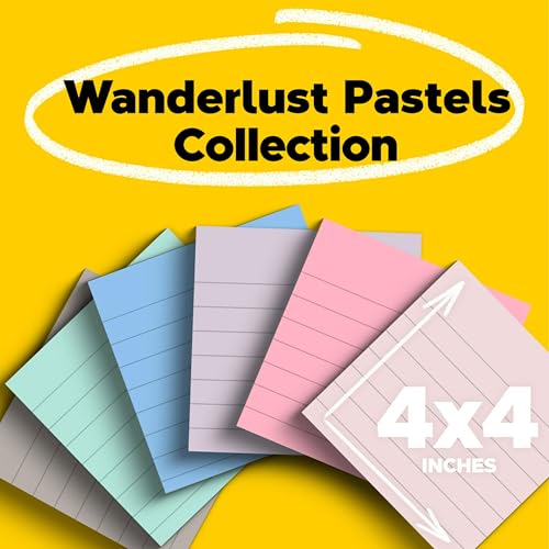 Post It Post-it 100% Recycled Paper Super Sticky Notes, Lined, 4 in. x 4 in., 6 Pads, 70 Sheets per Pad, Wanderlust Pastels, School Supplies and Office Products - Image 2