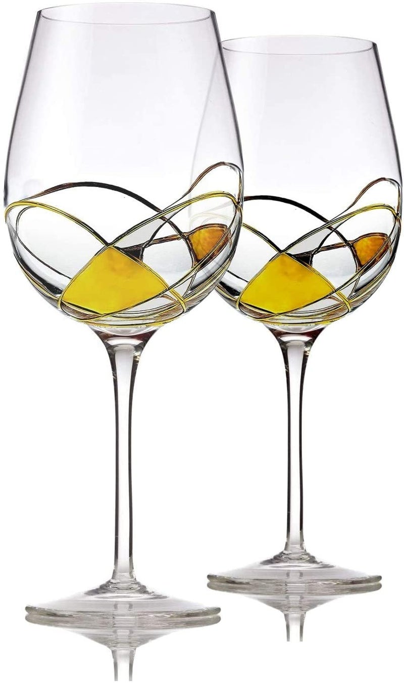 Bezrat Wine Glasses Hand Painted  Set of 2  Women Wine Gift  Wine Lover Glass  Beautiful Glassware Gifts Ideas for Women Inspired by Duomo di Milano Mothers Day  12 oz Gold