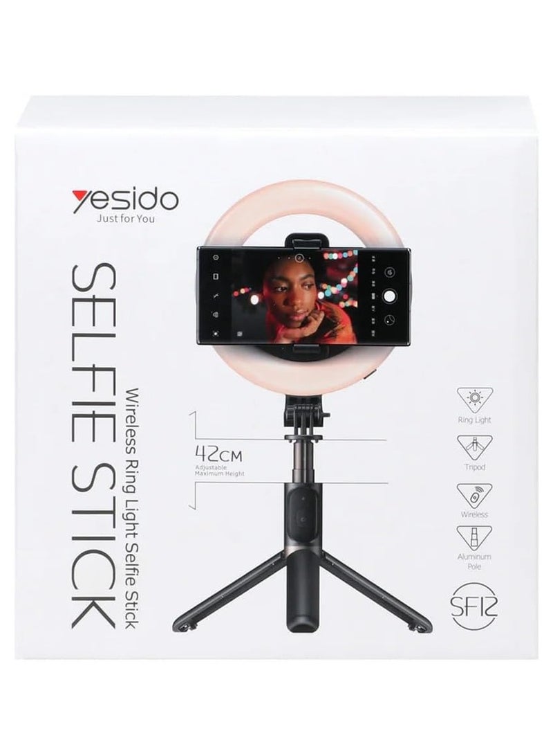 Yesido SF12 Wireless Ring Light With Tripod Selfie Stick (42CM) Black - Image 4