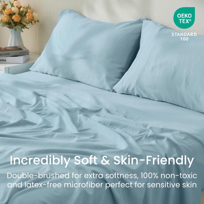 GOKOTTA 5-Pcs Split King Sheets Set for Adjustable Bed  Hotel Luxury Ultra Soft Brushed Microfiber  Elastic Corner Straps Non Slip Design  Including 2 Twin XL Fitted Sheets with 16"" Pocket - Baby Blue - Image 5