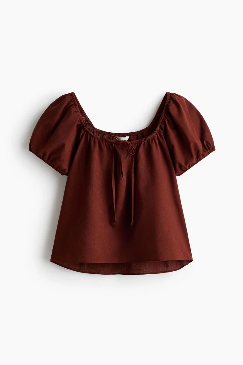 H&M Puff-sleeved linen-blend blouse