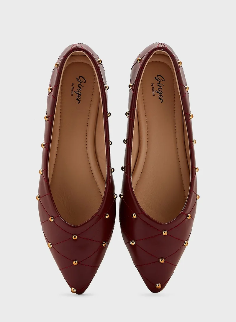 Ginger Quilted Stud Pointed Flat Shoes