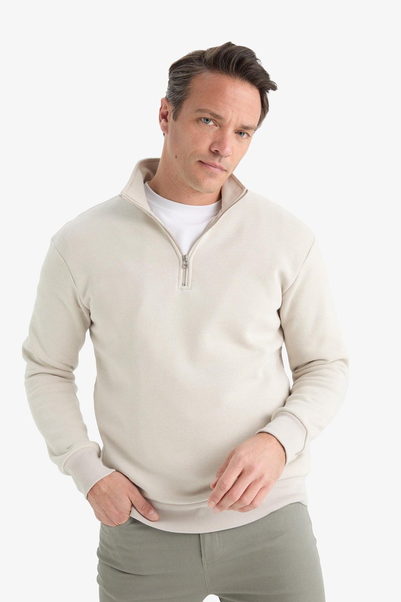 DeFacto Beige Man Regular Fit Half Zippered Basic Sweatshirt Casual - Image 3