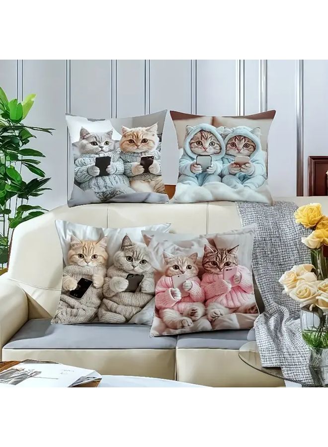 2 Pcs Sweater Cats Print Pillow Covers 17.72 Inch Square Cushion Case Without Insert For Bedroom Couch Car Party Decoration - Image 1