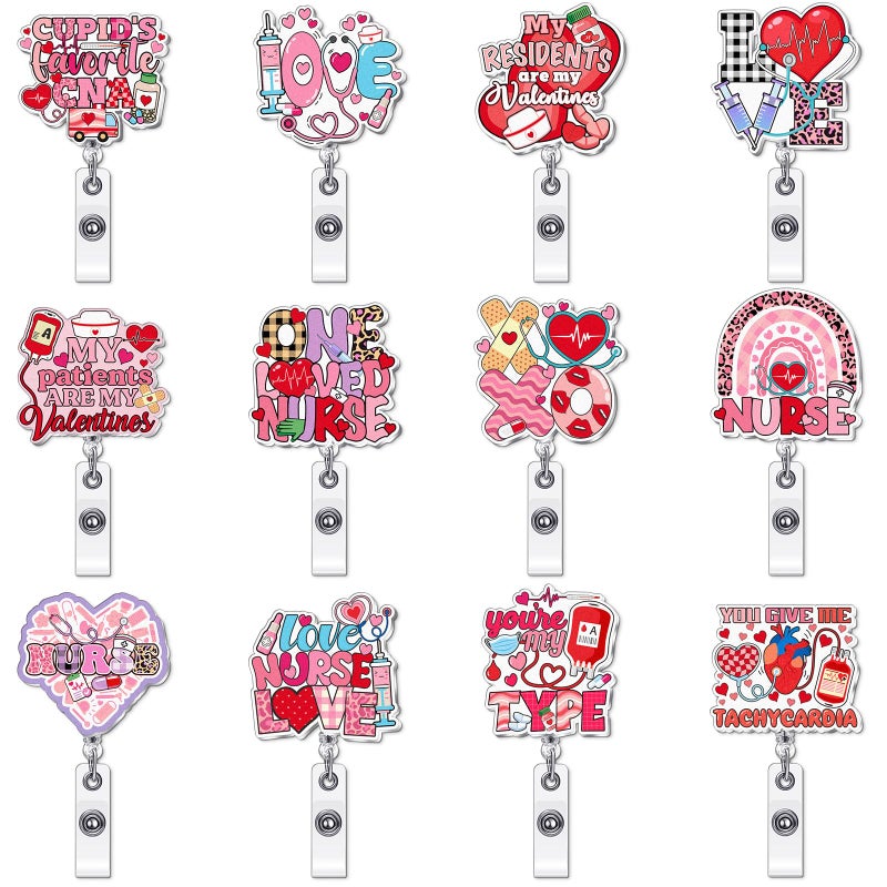 Kigeli 12 Pcs Valentine's Day Nurse Badge Reel Retractable Nursing Badge Reel with Alligator Clip Acrylic Cute Name ID Holder for Valentine's Day Doctors Wife Husband Student Worker - Image 1