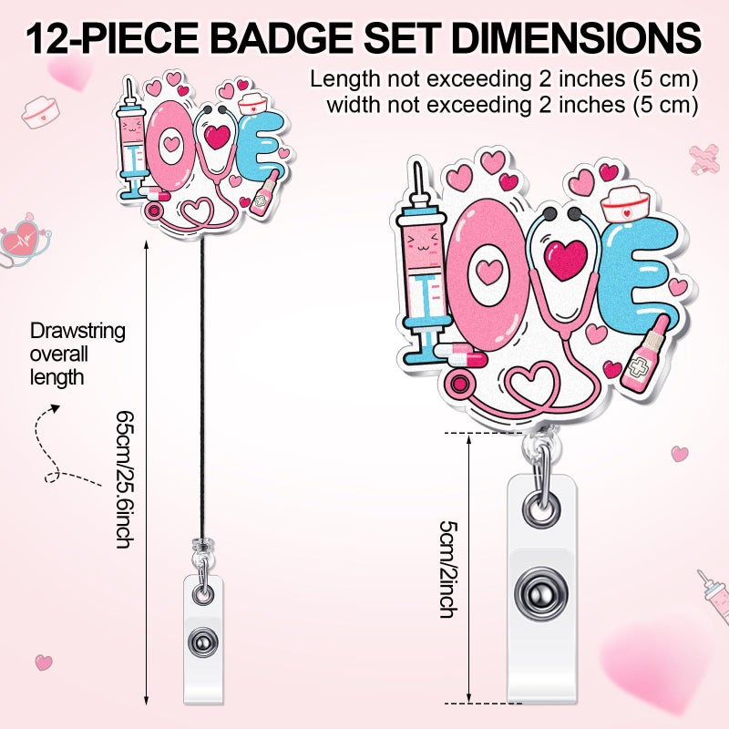 Kigeli 12 Pcs Valentine's Day Nurse Badge Reel Retractable Nursing Badge Reel with Alligator Clip Acrylic Cute Name ID Holder for Valentine's Day Doctors Wife Husband Student Worker - Image 2