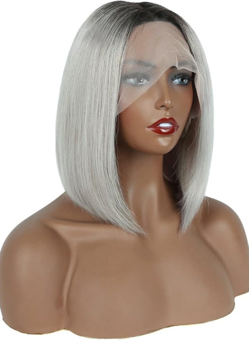 Estelle Lace Front Human Hair Bob Wig, Pre Plucked Hairline Short Lace Front Bob Wig for Women (12in, Tblack/lightgrey) - Image 2