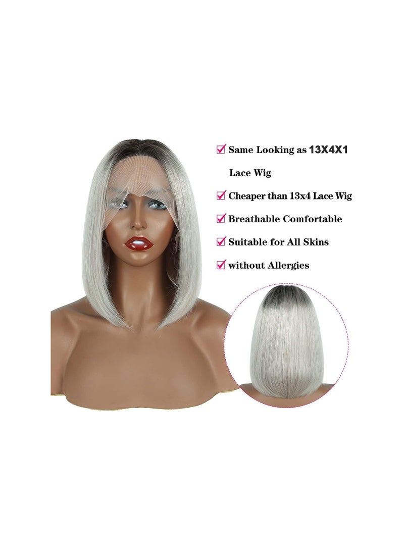 Estelle Lace Front Human Hair Bob Wig, Pre Plucked Hairline Short Lace Front Bob Wig for Women (12in, Tblack/lightgrey) - Image 4